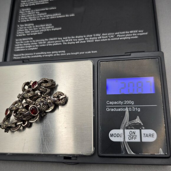 VTG Sterling Silver Garnet & Marcasite Link Bracelet 7.5" RF Hallmark Box Clasp - Picture 14 of 14